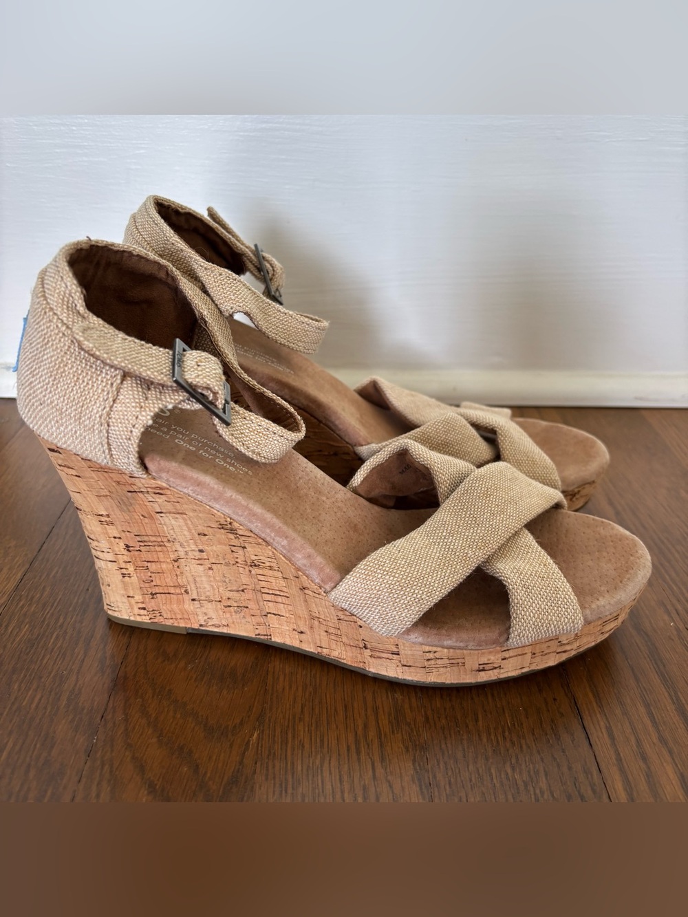 Toms Beige Canvas Cork Wedge Sandals